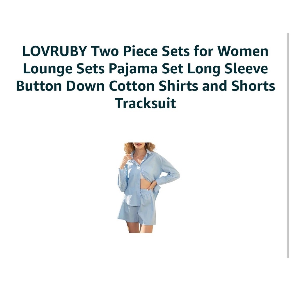 LOVRUBY Womens 2 Piece Lounge Set lt Blue Cotton Button Down Shirt and Shorts M